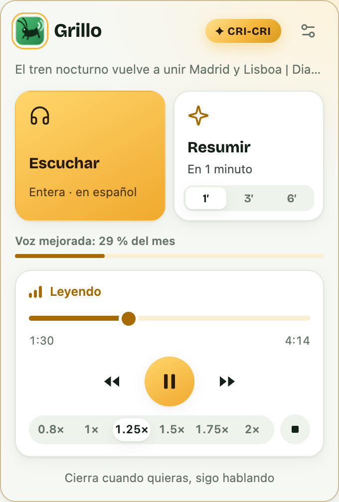 El popup de Grillo leyendo una noticia, con los botones Escuchar y Resumir